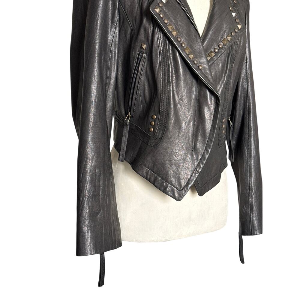 1st Avenue Womens Lambskin Leather Studded Moto Jacket Black Cropped Large EUC - Picture 9 of 16